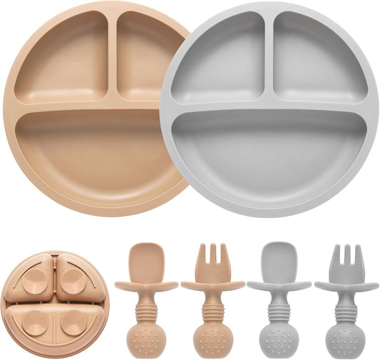 Juego de alimentación de silicón - 2 platos y 4 cubiertos café y gris
