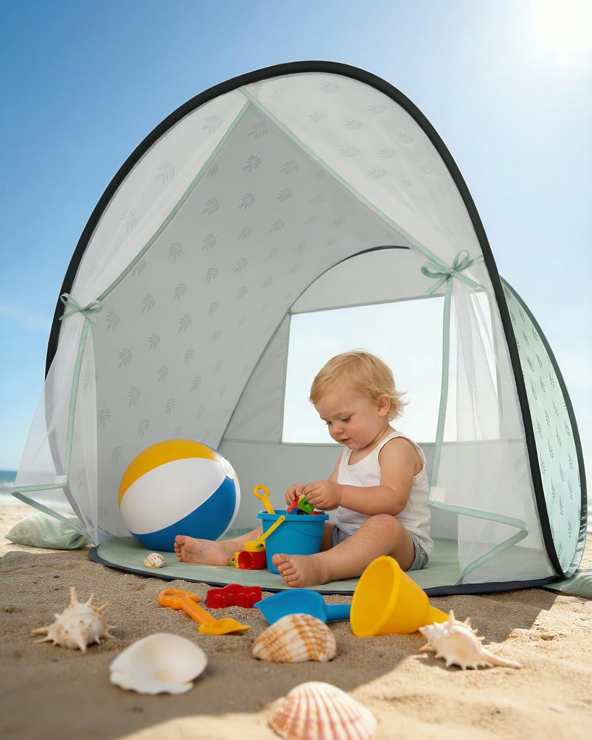 Tienda de playa para bebé con protección solar UPF 50+ y mosquitero