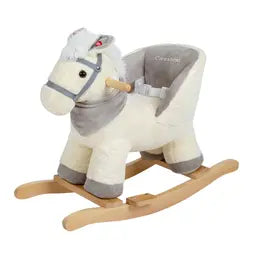 Peluche mecedora con forma de caballo blanco, base de madera y asiento acolchado