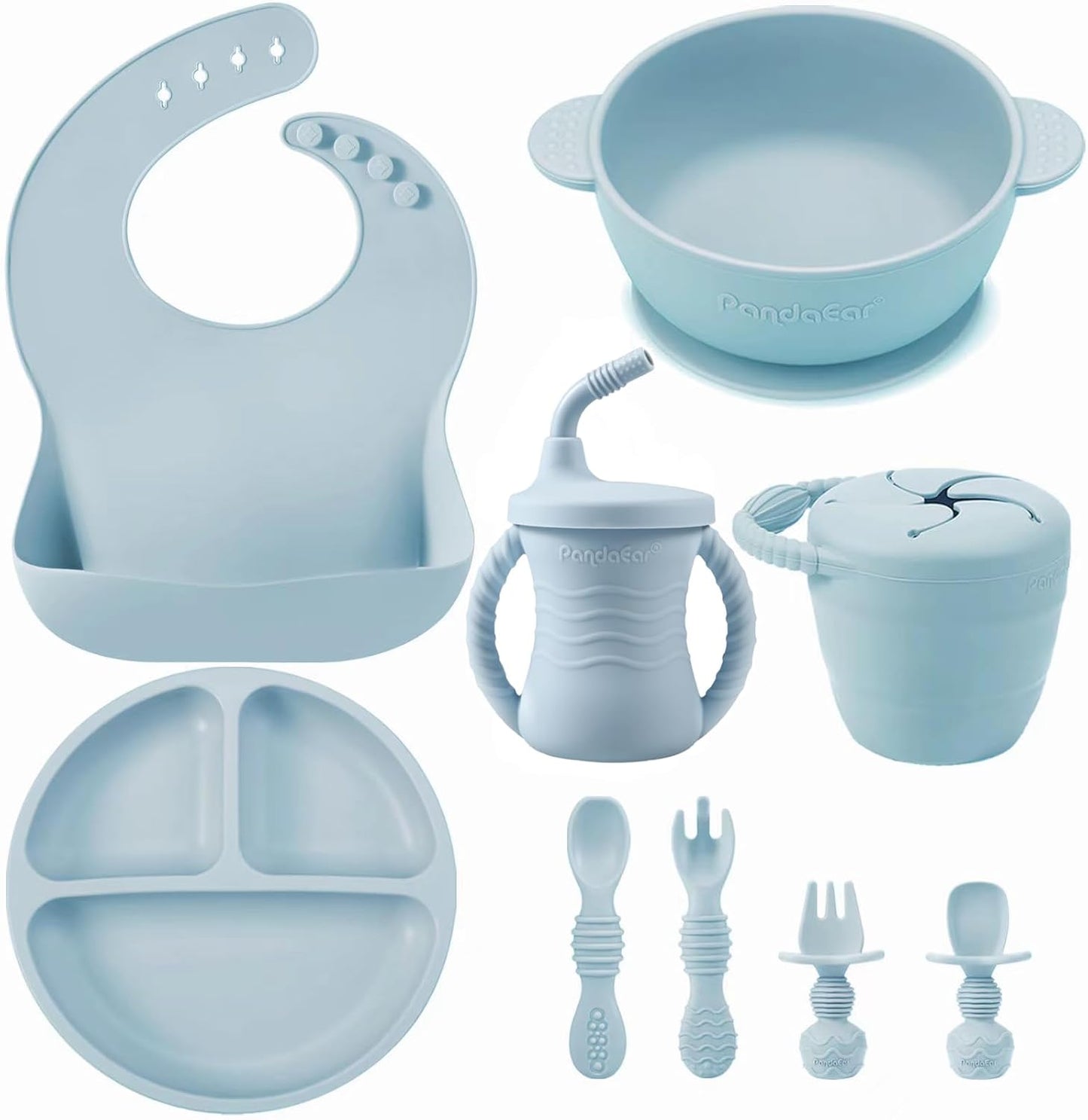 Juego completo de alimentación para bebé de silicona azul – plato, taza y cubiertos