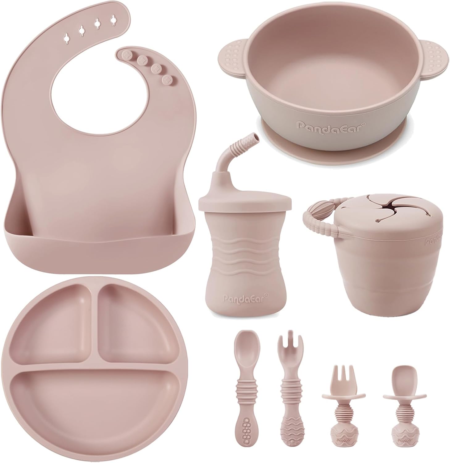 Juego completo de alimentación para bebé de silicona rosa – plato, taza y cubiertos