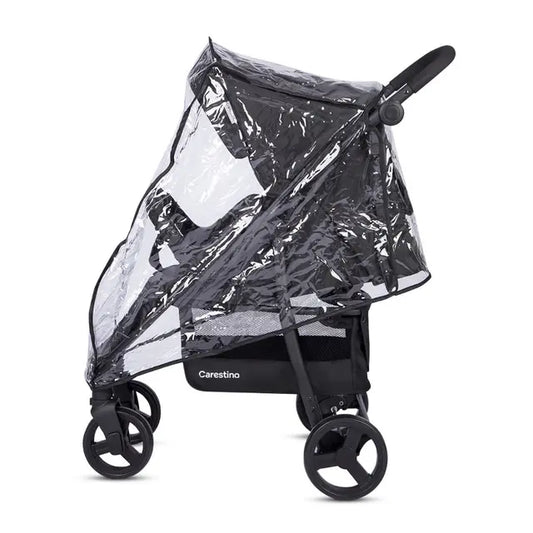 Cobertor de lluvia negro para cochecito con panel transparente y capota.
