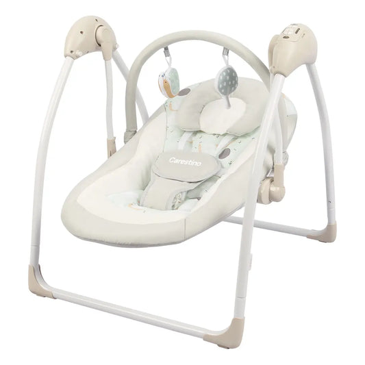 Mecedora electrónica infantil con asiento acolchado, arnés y barra con juguetes