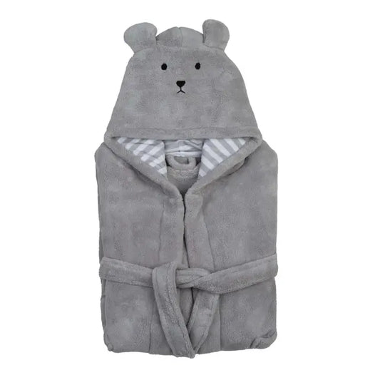 Bata infantil gris con capucha de oso y cinturón, cuello con forro a rayas