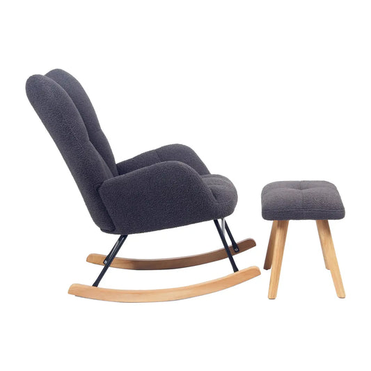 Silla mecedora con apoyapiés, tapizada en gris oscuro y base arqueada de metal