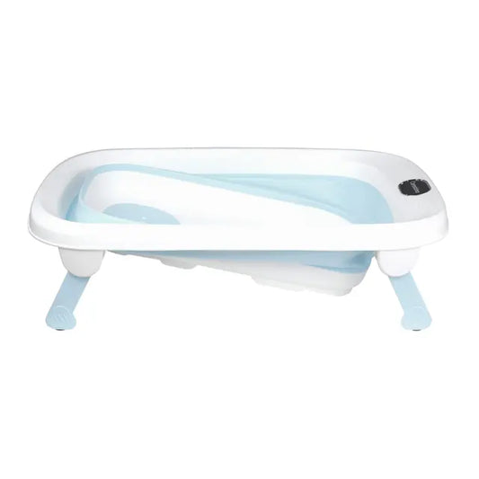 Bañera plegable con patas de soporte y base interior aguamarina, vista lateral