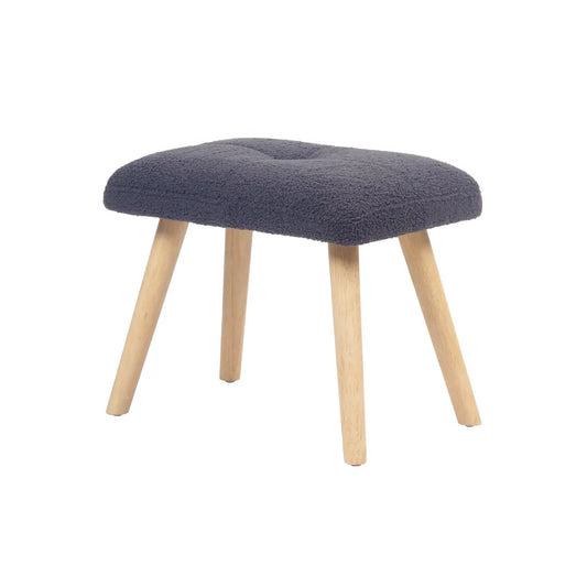 Banqueta con tapizado gris oscuro y patas de madera, tipo apoyapiés